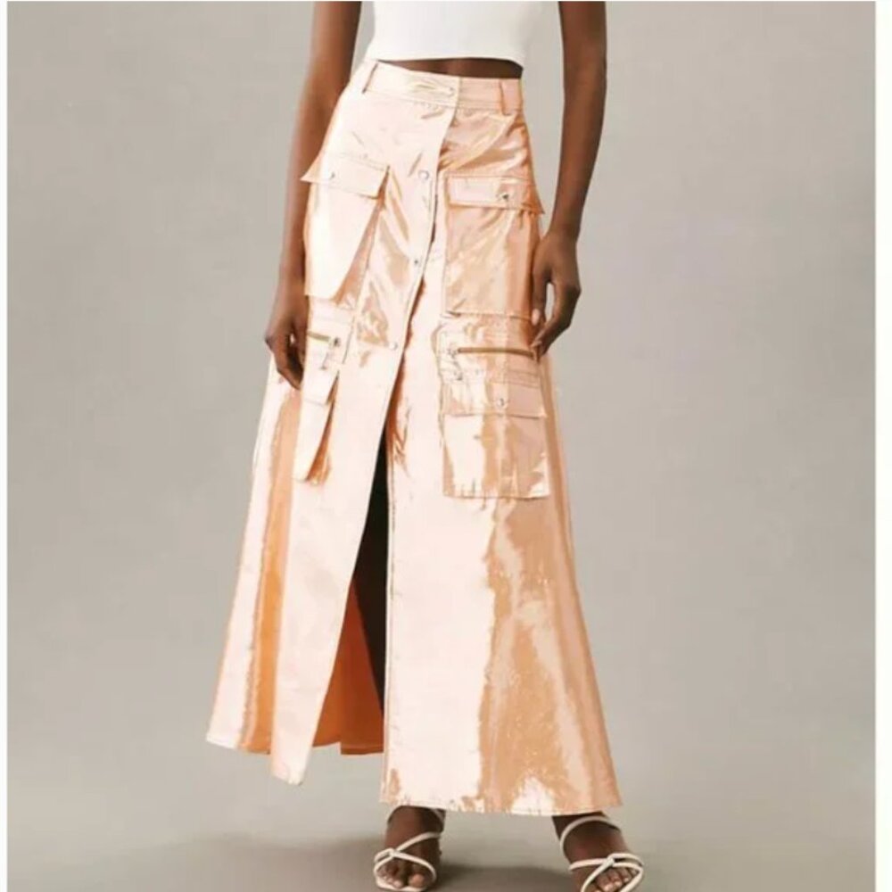 ⭐️ Let Me Be Metallic Cargo Grunge Trendy Chic Glam Model Y2K Rock Maxi Skirt